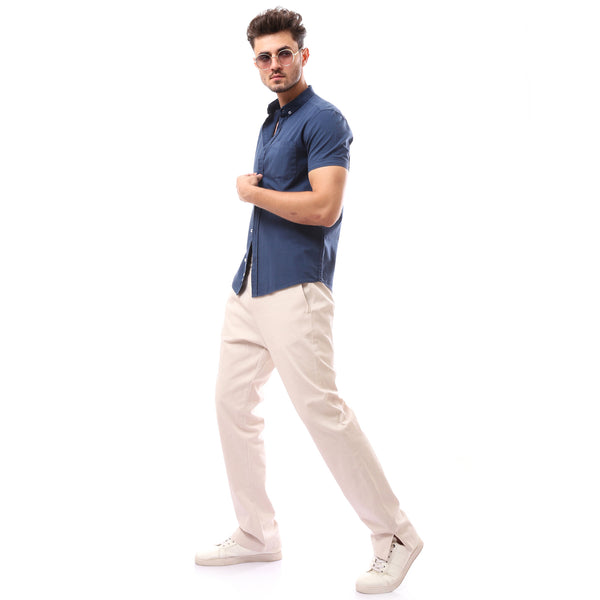 Navy Blue Short Sleeve Solid Buttoned Shirt