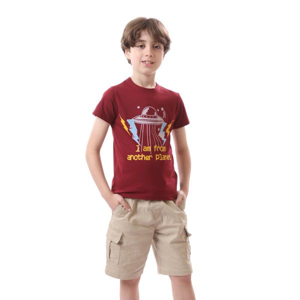 Slip On Round Neck Burgundy Printed Boys Tee