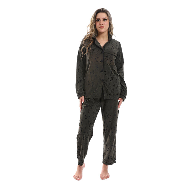 Long Sleeves Notched Collar Pajama - Olive & Black
