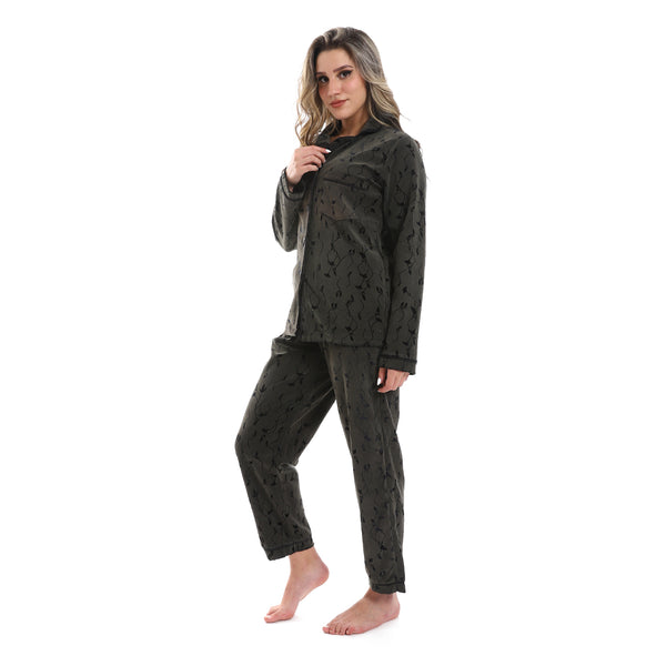 Long Sleeves Notched Collar Pajama - Olive & Black
