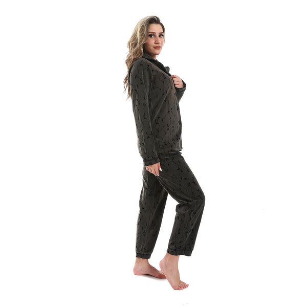 Long Sleeves Notched Collar Pajama - Olive & Black