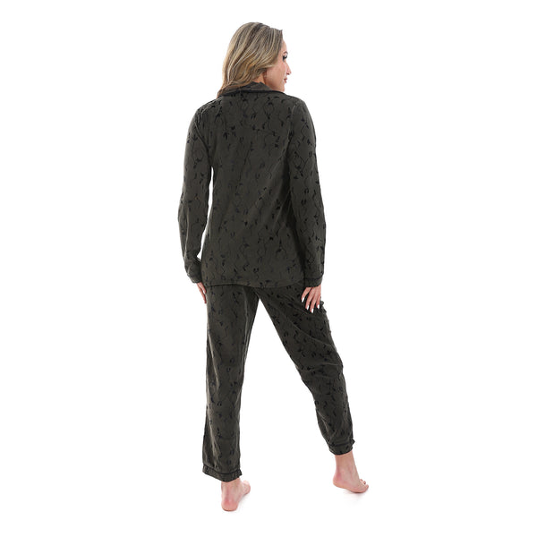Long Sleeves Notched Collar Pajama - Olive & Black
