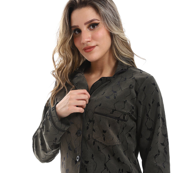 Long Sleeves Notched Collar Pajama - Olive & Black