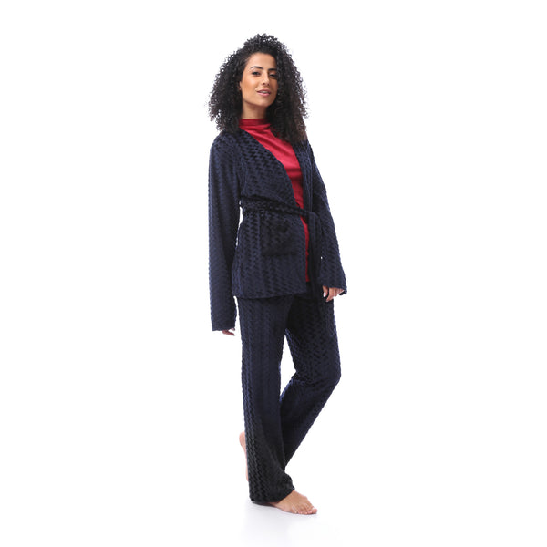 3 Pieces Velour Pajama Set - Dark Navy Blue & Dark Red