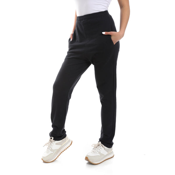 Slip On Plain Black Side Pockets Pajama Bottom