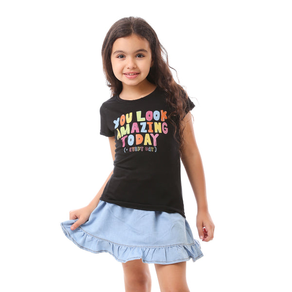 Girls Colorful Printed Cotton Tee - Black