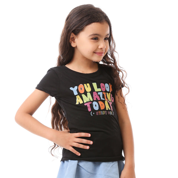 Girls Colorful Printed Cotton Tee - Black