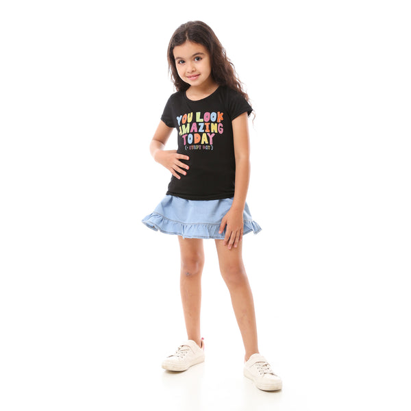 Girls Colorful Printed Cotton Tee - Black