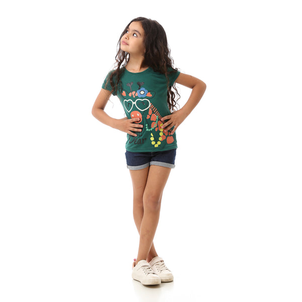 Girls Printed Giraffe Summer Tee - Dark Green