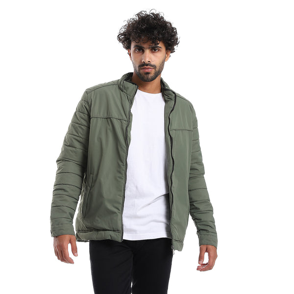 Zipper Closure Quilted Pattern Jacket - Olive Green