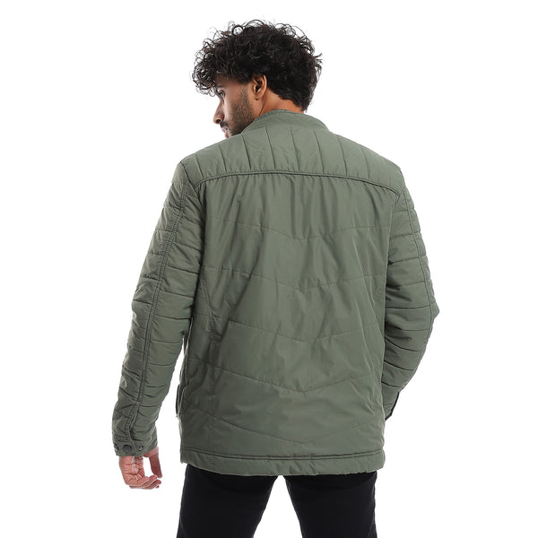 Zipper Closure Quilted Pattern Jacket - Olive Green