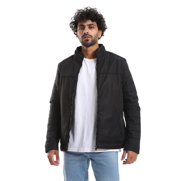 Zipper Closure Quilted Pattern Jacket - Black