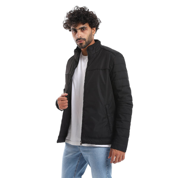 Zipper Closure Quilted Pattern Jacket - Black
