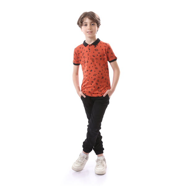 Boys Summer Pattern Dark Orange & Black Polo Shirt