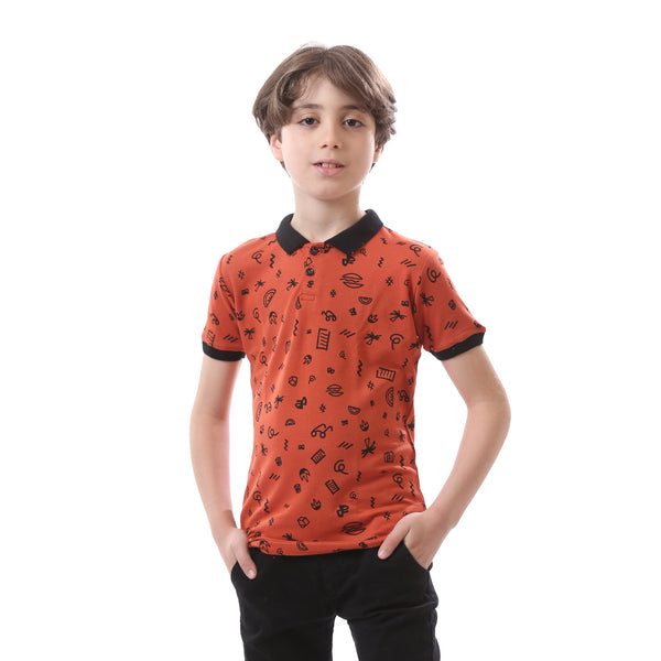 Boys Summer Pattern Dark Orange & Black Polo Shirt