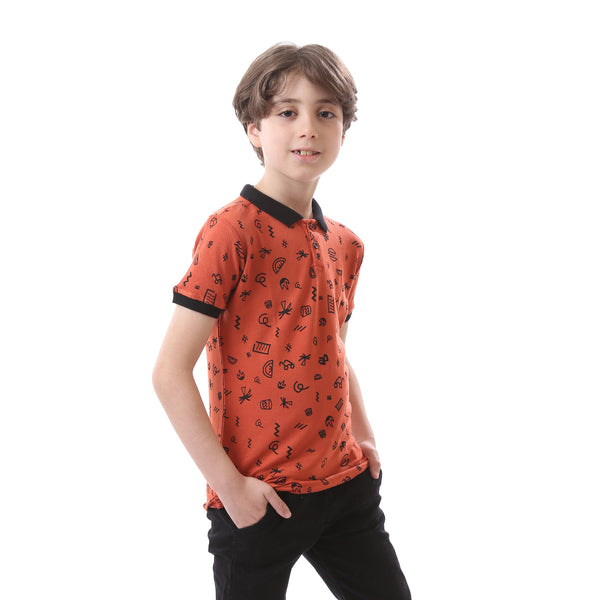 Boys Summer Pattern Dark Orange & Black Polo Shirt