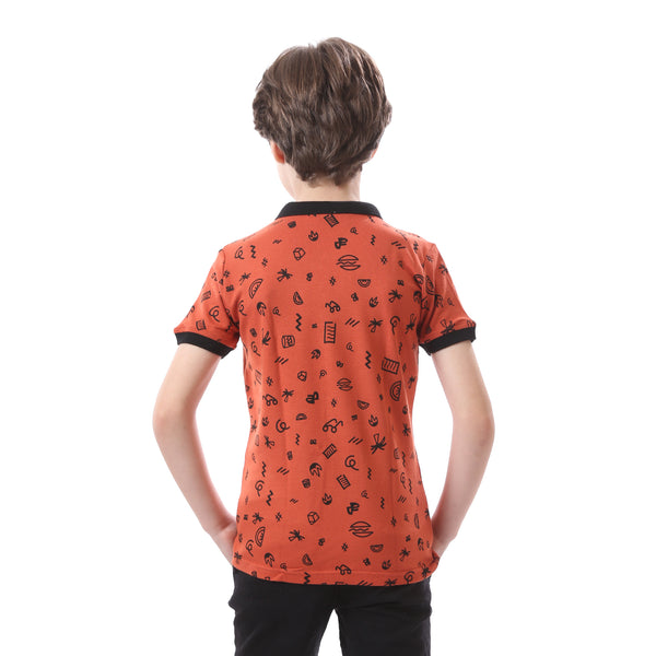 Boys Summer Pattern Dark Orange & Black Polo Shirt