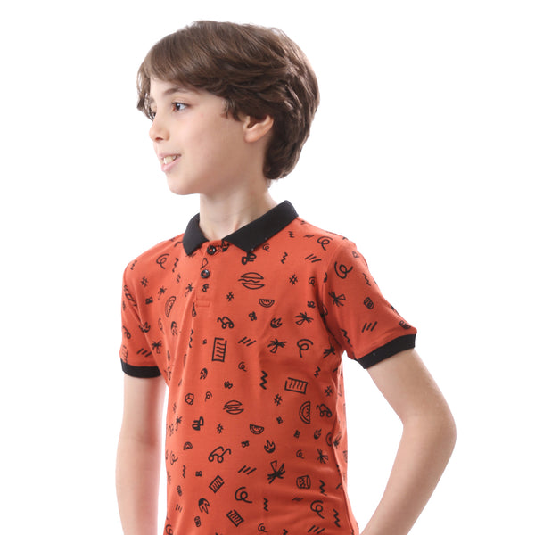 Boys Summer Pattern Dark Orange & Black Polo Shirt