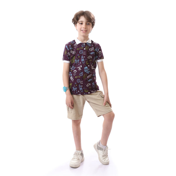 Boys Space Prints Eggplant Buttoned Polo Shirt