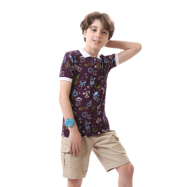 Boys Space Prints Eggplant Buttoned Polo Shirt