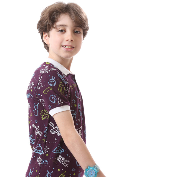 Boys Space Prints Eggplant Buttoned Polo Shirt