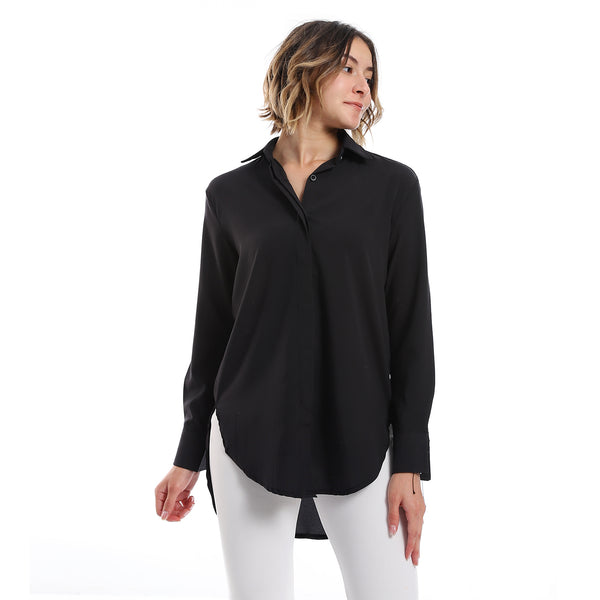 Plain Pattern Hidden Buttons Shirt - Black