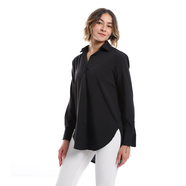 Plain Pattern Hidden Buttons Shirt - Black