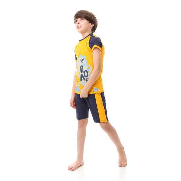 Bi-Tone Printed Boys Pajama Set - Yellow & Navy Blue