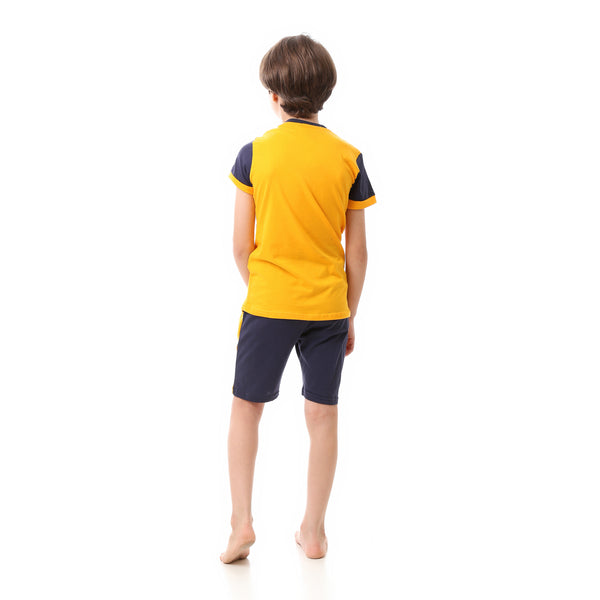 Bi-Tone Printed Boys Pajama Set - Yellow & Navy Blue