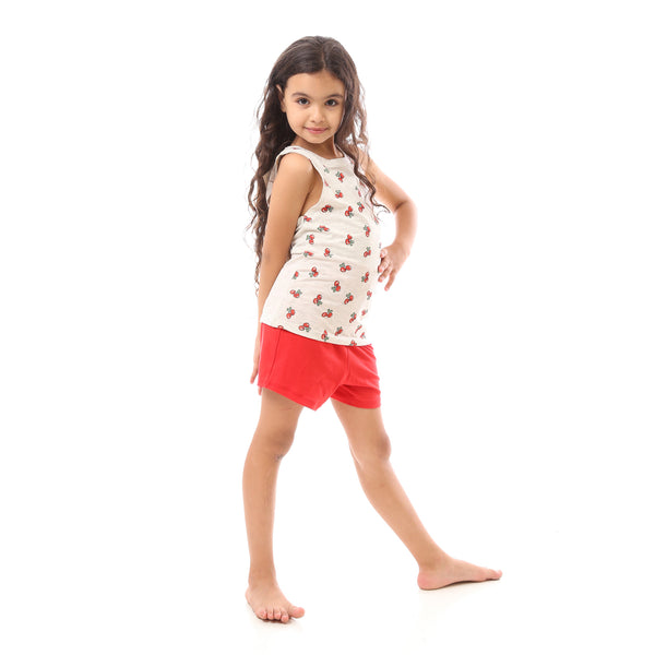 Cherry Patterned Girl Pajama Set - Light Grey & Red