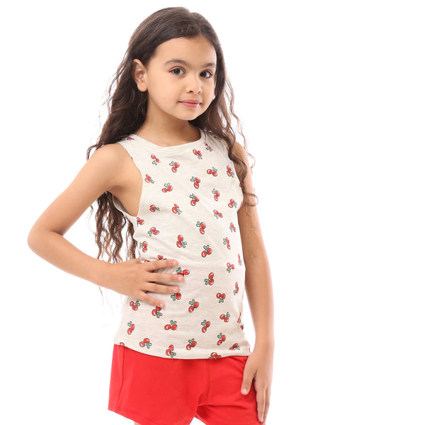 Cherry Patterned Girl Pajama Set - Light Grey & Red