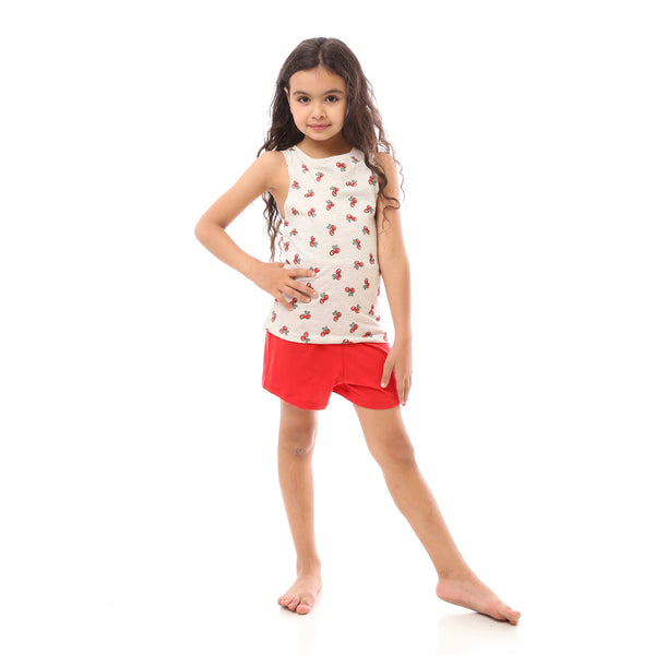 Cherry Patterned Girl Pajama Set - Light Grey & Red