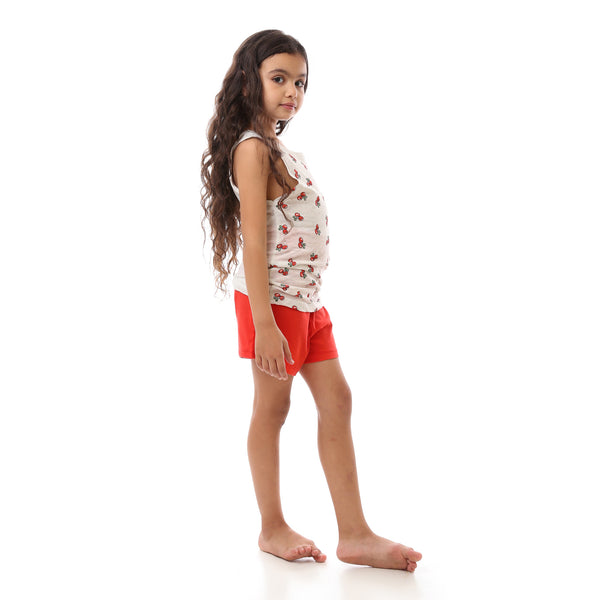 Cherry Patterned Slip On Girl Pajama Set - Light Grey & Red
