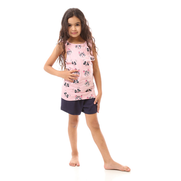 Printed Kitten Regular Fit Girls Pajama Set -Rose & Black