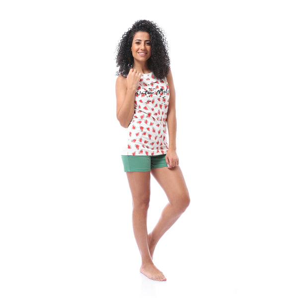 Sleeveless Top & Shorts Pajama Set - White & Green