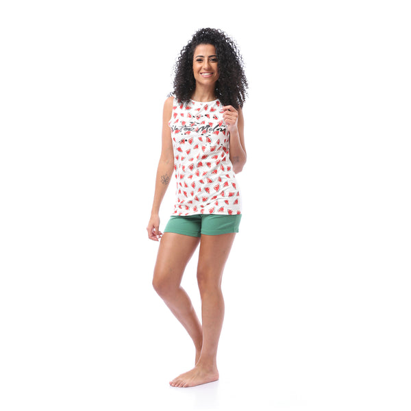 Sleeveless Top & Shorts Pajama Set - White & Green