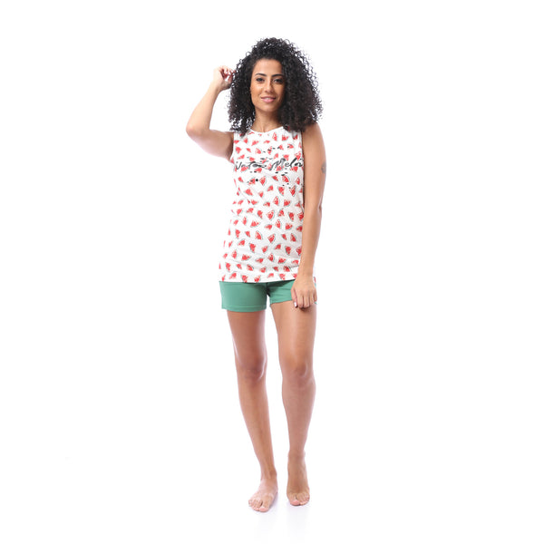Sleeveless Top & Shorts Pajama Set - White & Green