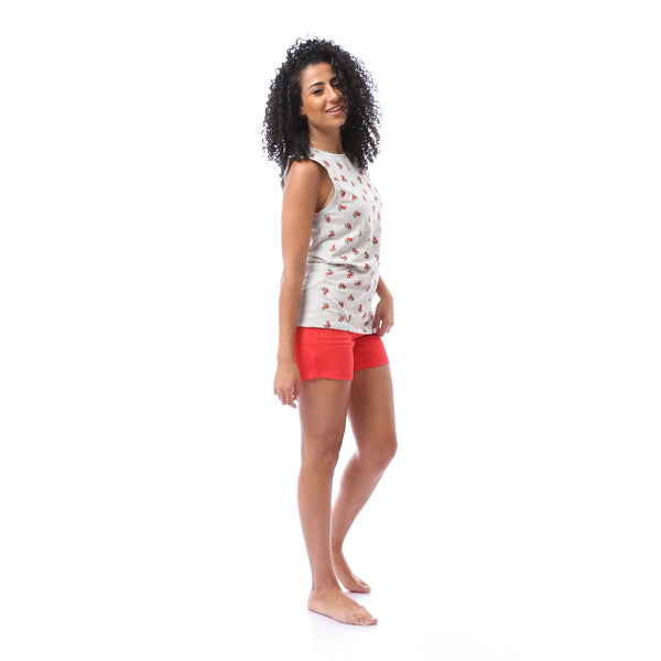 Printed Top & Red Shorts Pajama Set - Heather
