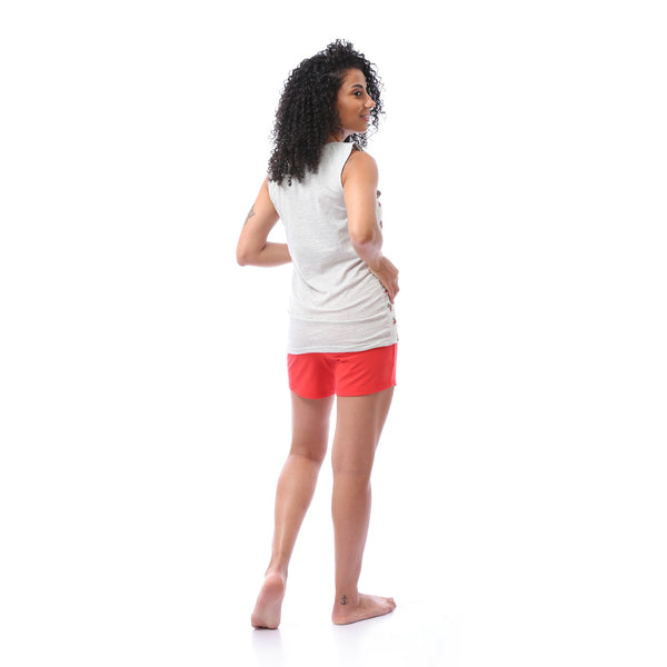 Printed Top & Red Shorts Pajama Set - Heather