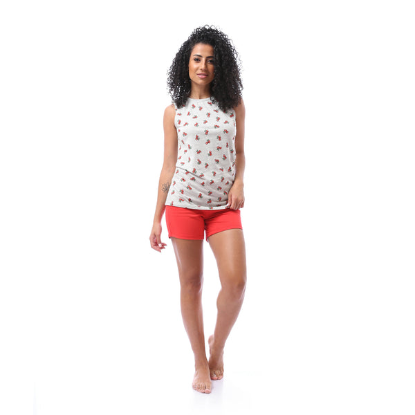 Printed Top & Red Shorts Pajama Set - Heather