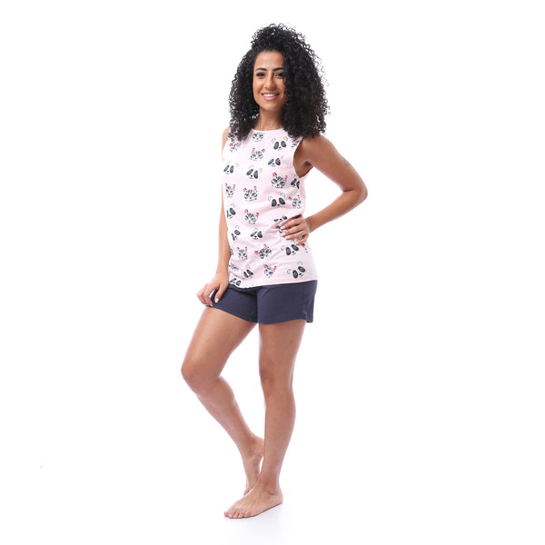 Cat Printed Top & Solid Shorts Pajama Set - Pink & Navy Blue