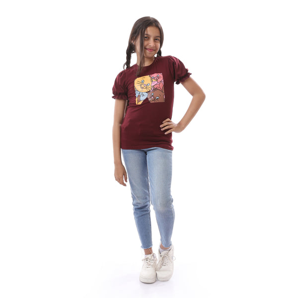 Printed Cat Slip On Rounded Neck Girls T-Shirt - Dark Red