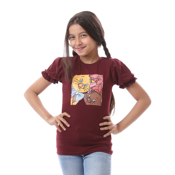 Printed Cat Slip On Rounded Neck Girls T-Shirt - Dark Red