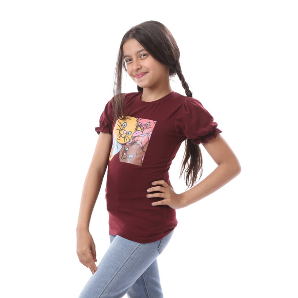 Printed Cat Slip On Rounded Neck Girls T-Shirt - Dark Red