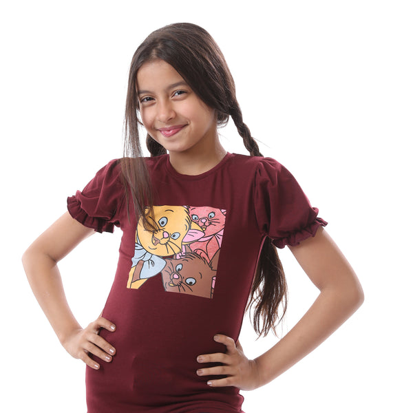 Printed Cat Slip On Rounded Neck Girls T-Shirt - Dark Red