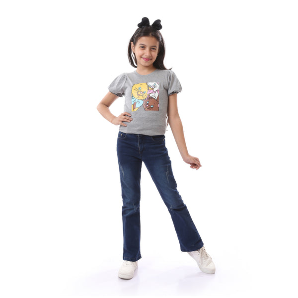 Cute Summer Round Neck Slip On Girls T-Shirt - Grey