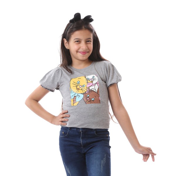 Cute Summer Round Neck Slip On Girls T-Shirt - Grey