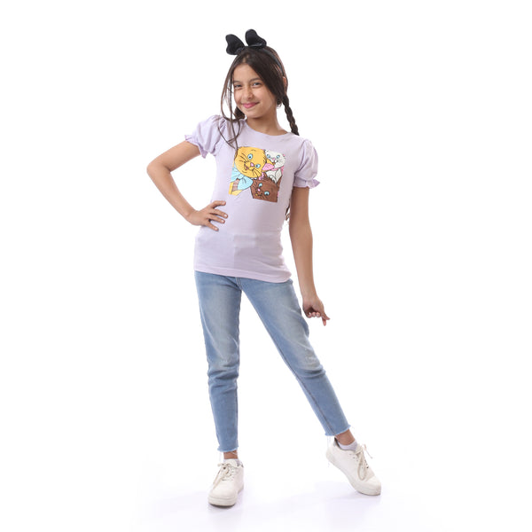 Elastic Sleeved Summer Cat Printed  Girls T-Shirt - Lavender