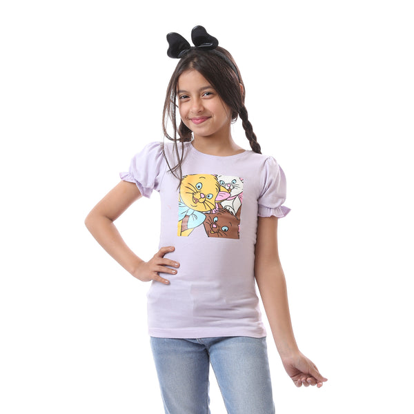 Elastic Sleeved Summer Cat Printed  Girls T-Shirt - Lavender