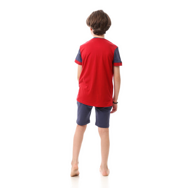 Boys Round Neck Red Pajama Set - Dark Red & Navy Blue